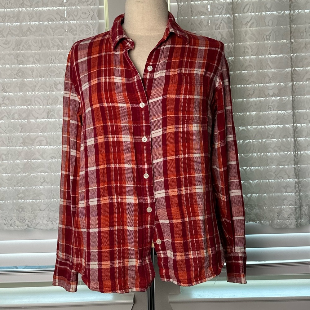 Lucky Brand Red & Orange Button Up Flannel 100% Cotton